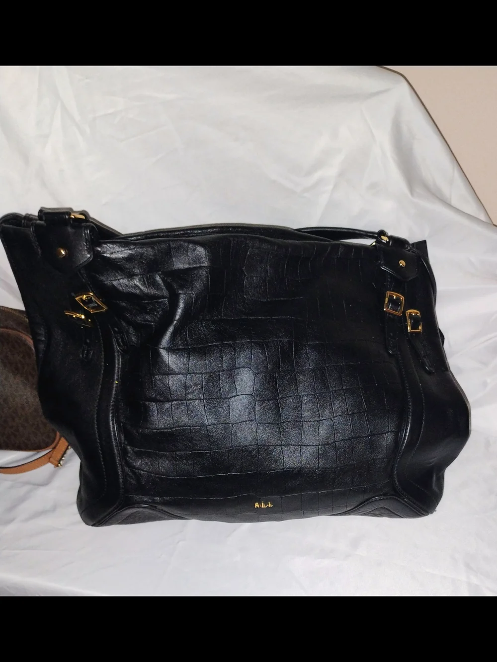 Lauren Ralph Lauren Black Croc Embossed Large Shoulder Tote Bag Gold Hardware